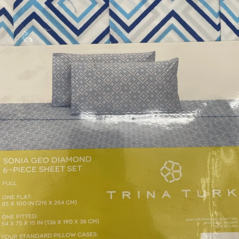 Trina Turk Sheet Set FULL White Blue Sonia Geo Diamond Geometric Colorful Modern
